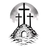 3 crosses on a hill with empty tomb stone tattoo design idea