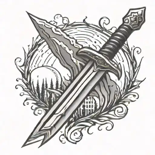 sword simple point down, forest fire, hurricane rain tattoo design idea