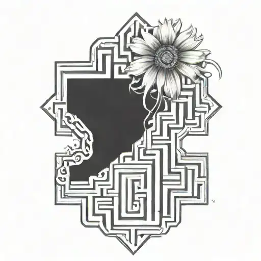 labyrinth maze torn in half with daisy flower and smoke tattoo design idea
