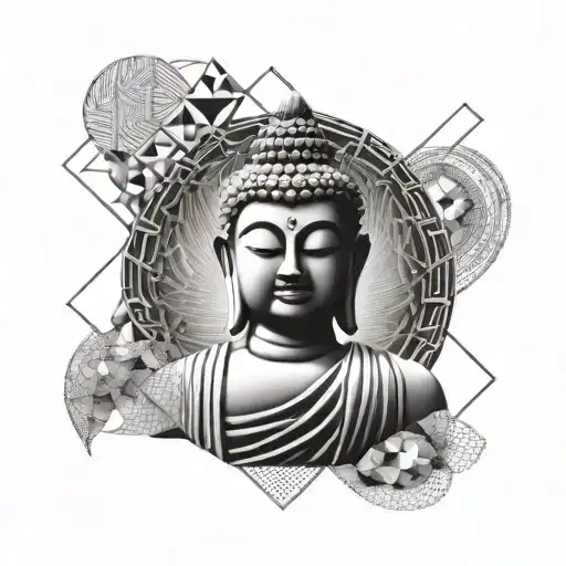 A Buddha statue with a background of abstract geometric shapes representing inner peace tattoo design idea