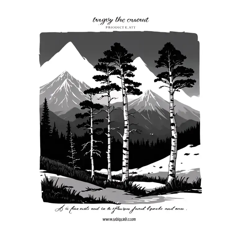 birch trees with mountains in the background with words in tiny print at the base  tattoo design idea