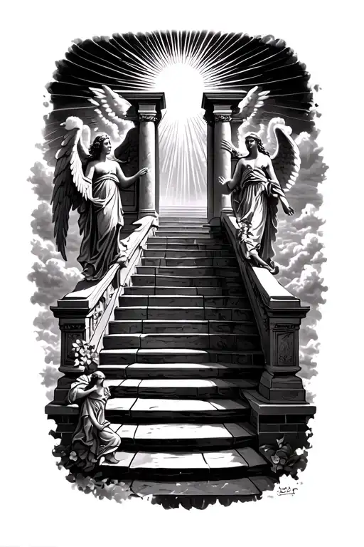 stairway to heaven walking up stairs angels sun rays clouds heaven gate at the top of the stairs  tattoo design idea