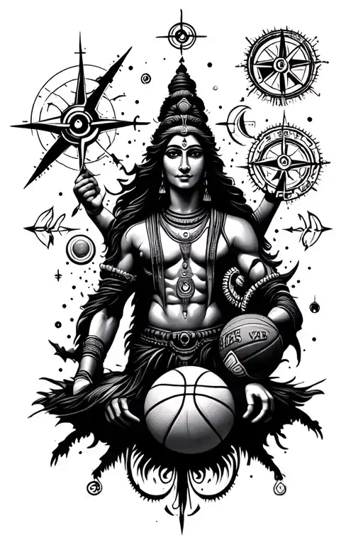 A uniqe tattoo mix of basketball, mahadev, warriors,travelling, compass, yoga chakra, saggitarius zodiac, universe,  bod tattoo design idea