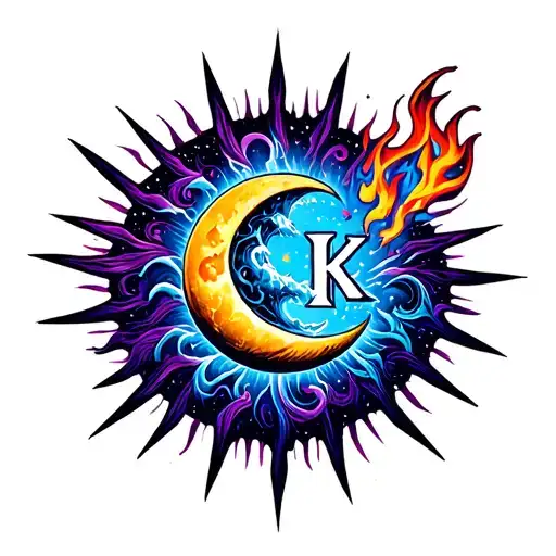 A stunning neo-traditional Japanese tattoo sleeve design, featuring a massive galactic sun with sharp tribal rays (some as jagged blades, others as flowing flames), its core morphing into the intertwined letters L and K (styled like molten kanji). A crescent moon with ukiyo-e wave patterns and Polynesian tribal etchings wraps around the sun, creating a yin-yang balance. Explosive nebula colors (electric orange, neon purple, deep metallic blue) burst from the sun, blending with a black hole background filled with tiny stars shaped like kanji (愛, 光). tattoo design idea