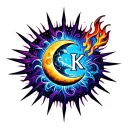 A stunning neo-traditional Japanese tattoo sleeve design, featuring a massive galactic sun with sharp tribal rays (some as jagged blades, others as flowing flames), its core morphing into the intertwined letters L and K (styled like molten kanji). A crescent moon with ukiyo-e wave patterns and Polynesian tribal etchings wraps around the sun, creating a yin-yang balance. Explosive nebula colors (electric orange, neon purple, deep metallic blue) burst from the sun, blending with a black hole background filled with tiny stars shaped like kanji (愛, 光). tattoo design idea