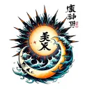 A stunning neo-traditional Japanese tattoo sleeve design, featuring a massive galactic sun with sharp tribal rays (some as jagged blades, others as flowing flames), its core morphing into the intertwined letters L and K (styled like molten kanji). A crescent moon with ukiyo-e wave patterns and Polynesian tribal etchings wraps around the sun, creating a yin-yang balance. Explosive nebula colors (electric orange, neon purple, deep metallic blue) burst from the sun, blending with a black hole background filled with tiny stars shaped like kanji (愛, 光). tattoo design idea