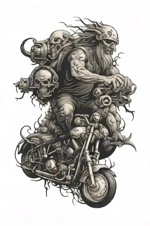 In the style of biker clubs, on the entire back, the basis of which will be the text - SO YOU WILL WALK ALONG THE EDGE BETWEEN EARTHLY HELL AND HEAVEN tattoo design idea