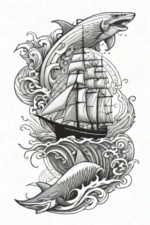 ship sailing with sharks, with waves on background half sleeve tattoo design idea