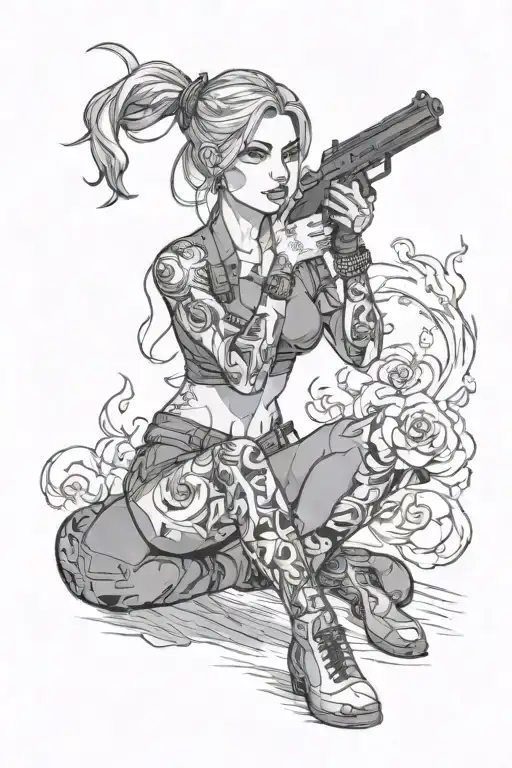 a beautiful girl is sitting on one knee with a gun in her hands, smoke is coming out of it, she is in panties and a ligh tattoo design idea