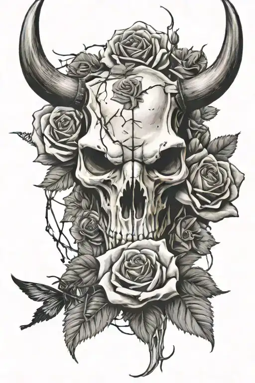 roses, bull skull, barbed wire tattoo design idea