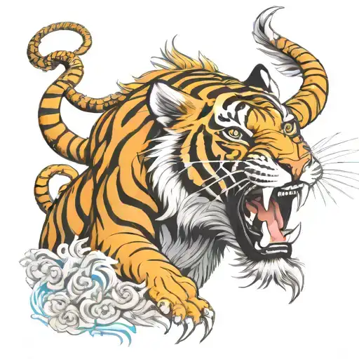 buddhist  tibetan tiger roaring lion's head tattoo design idea