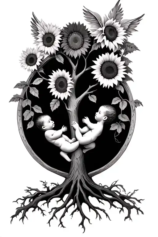 Tree of life, two babies, sunflowers and a dove viking style tattoo design idea