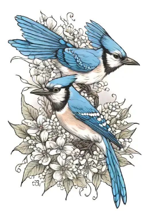 two blue jays flying over Lillie's and baby's breath tattoo design idea