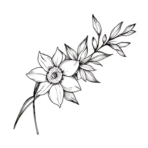 I want a fine-line black ink floral bouquet placed straight on my inner wrist. The bouquet should include a daffodil, li tattoo design idea