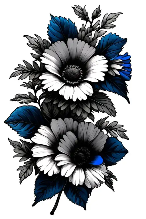 morning glory and daisys with a thin blue line ribbon  tattoo design idea