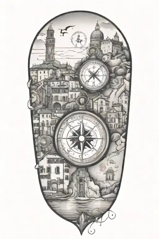 travel inspired tattoo with faded edges featuring compass and italian inspired buildings tattoo design idea