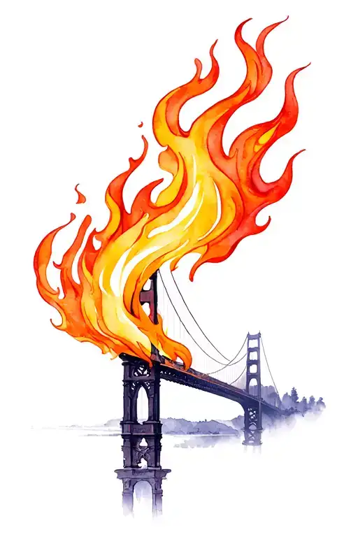 burning bridge with  flames left arm tattoo design idea