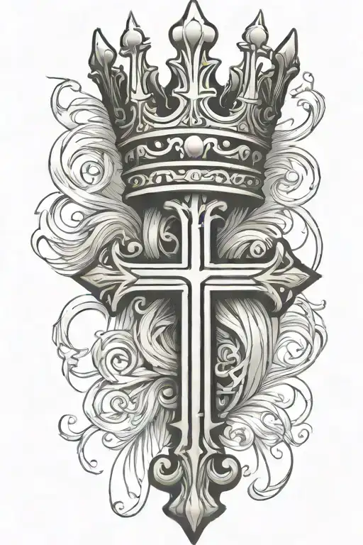 cross with hanging crown tattoo design idea