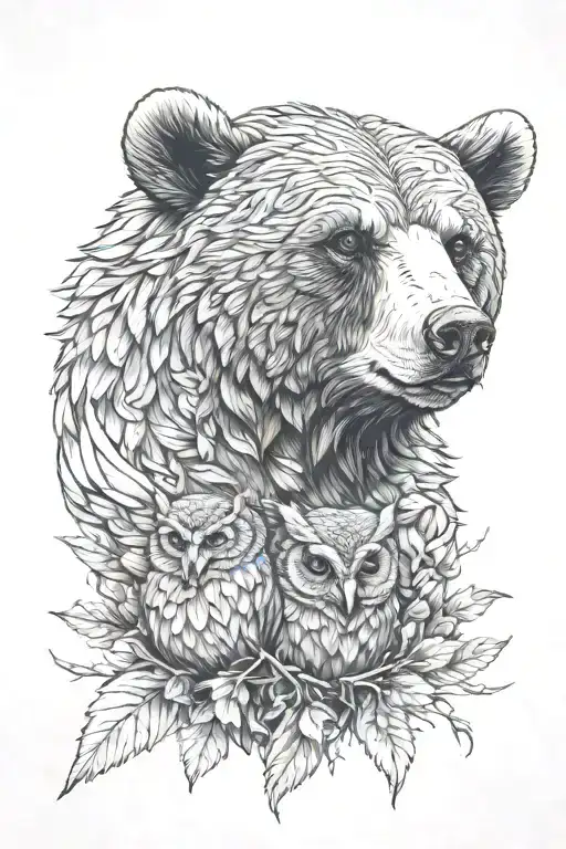 Realism, a bear with owl characteristics in the bear's body. Without owls in the image, only the bear. bear profile tattoo design idea