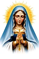 virgin mary, in prayer. golden glowing aura against dark background. light blue veil. golden cross necklace. realistic tattoo design idea