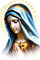 virgin mary, in prayer. golden glowing aura against dark background. light blue veil. golden cross necklace. realistic tattoo design idea