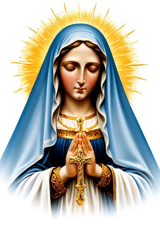 virgin mary, in prayer. golden glowing aura against dark background. light blue veil. golden cross necklace. realistic tattoo design idea
