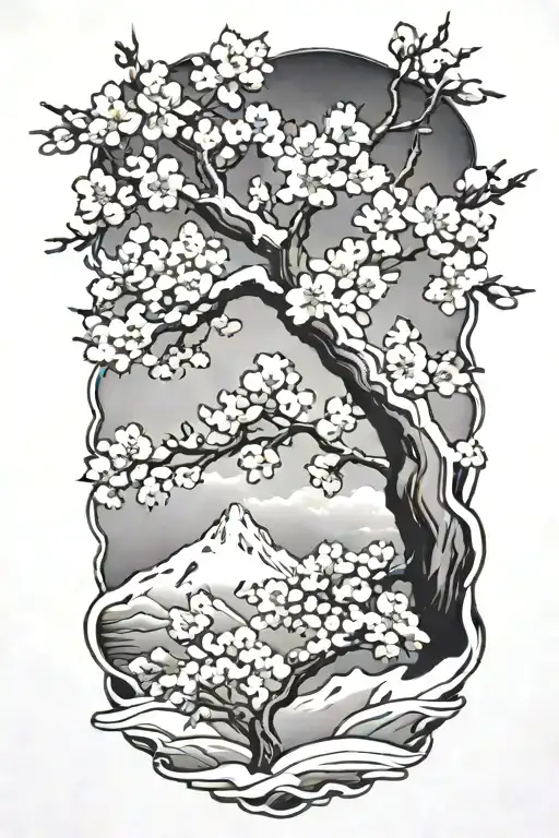 Cherry blossoms over snow, cumulonimbus in the background tattoo design idea