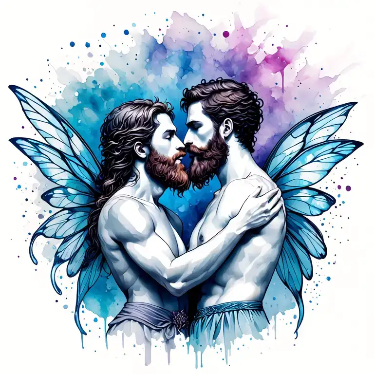 Two male bearded fairies in a passionate embrace, kissing. Line style with watercolor splaces in the background tattoo design idea