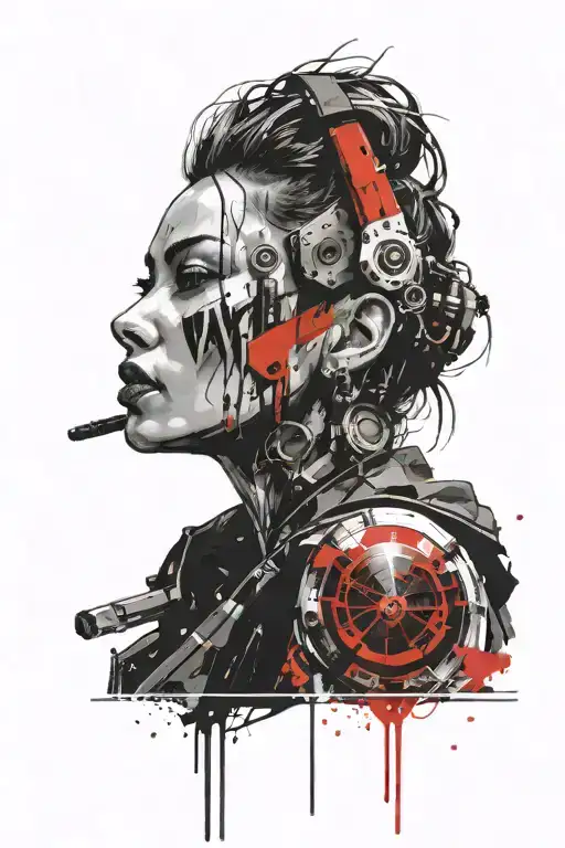 Cyberpunk girl face incorporated tattoo design idea