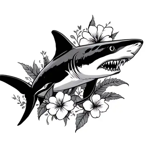 neo traditional style shark tattoo with flowers tattoo design idea