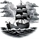 weather the storm with a ship and sailors and lightning  tattoo design idea