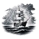 weather the storm with a ship and sailors and lightning  tattoo design idea
