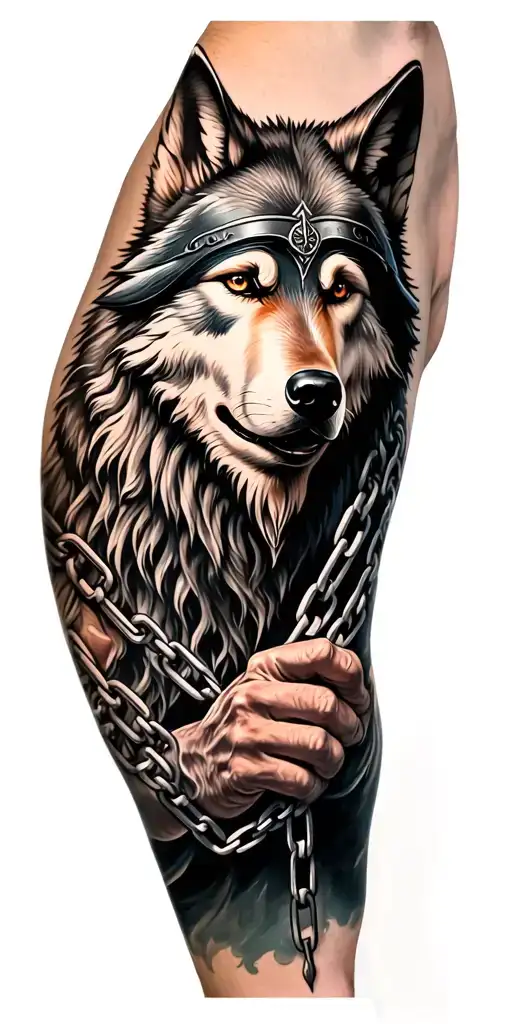 the face of odin holding chains of wolves tattoo design idea
