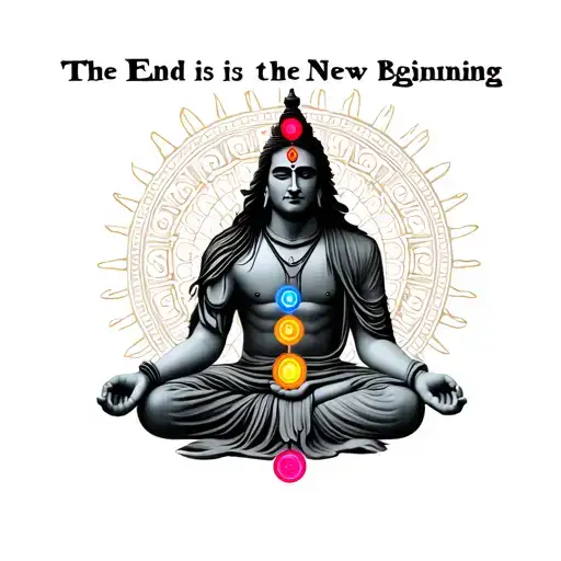 "The End is the New Beginning " lord shiva meditating monk aligned with chakras tattoo design idea