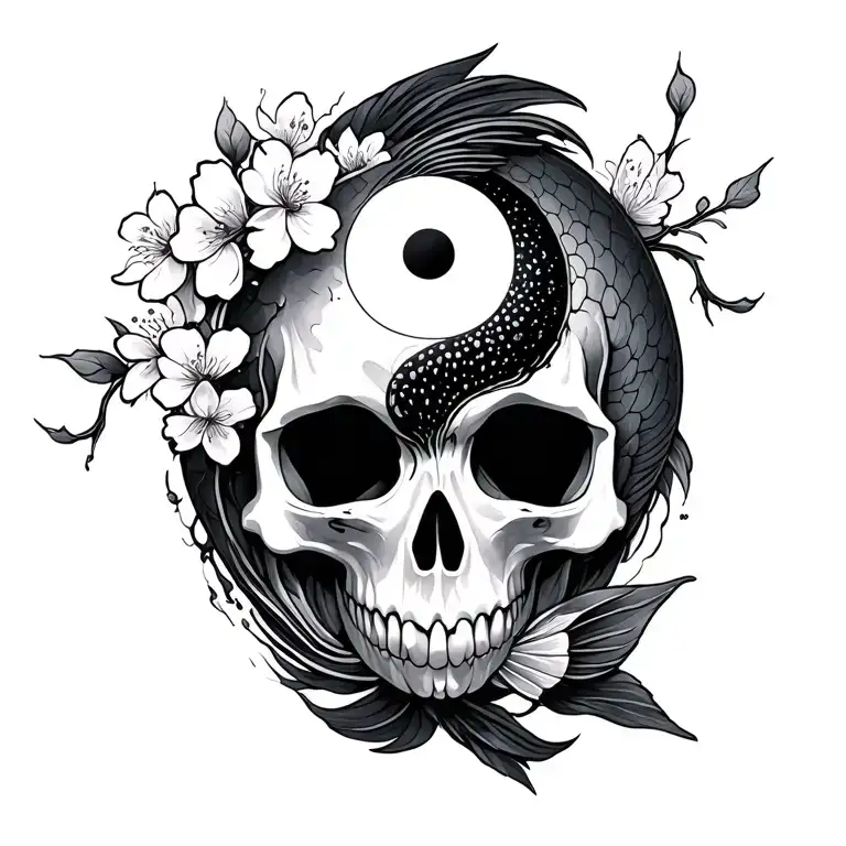 yin yang koi fish skull flag cherry blossom tattoo design idea