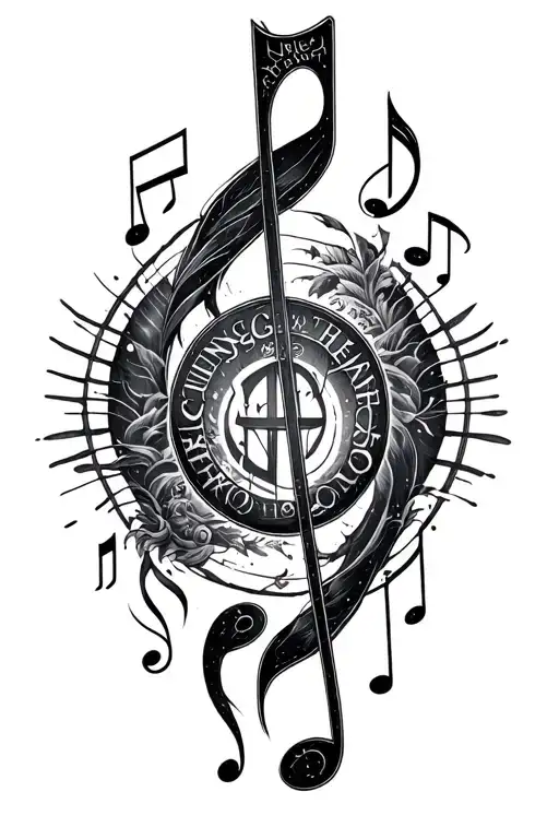 music based sleep token design combining music notes and designs from bring me the horizon album covers tattoo design idea
