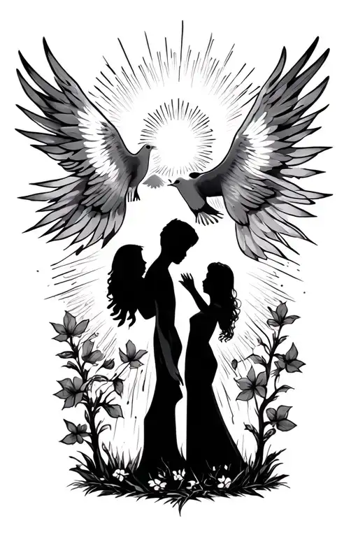 A shining light with a dove then underneath a silhouette of a farther mother younger son an alder sister then below that tattoo design idea