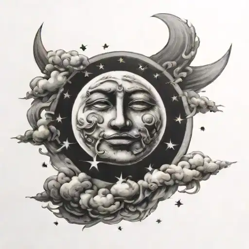 moon around sun with faces surrounded by clouds and stars  tattoo design idea