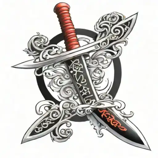 sword with a Chinese word family written red color  tattoo design idea
