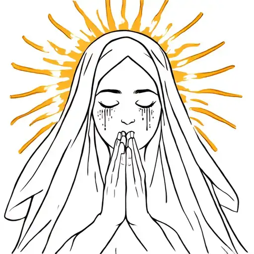 a women doing prayer hands, wearing a veil, sun rays around their head & tears coming out of their eyes  tattoo design idea