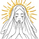 a women doing prayer hands, wearing a veil, sun rays around their head & tears coming out of their eyes  tattoo design idea