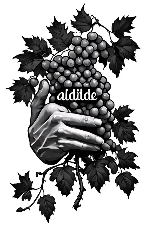 the hand of God holding a long vine with grapes, and in the center of the vine is woven the word "abide" tattoo design idea