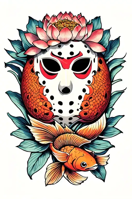 Friday the 13th mask lotus flower coy fish tattoo design idea