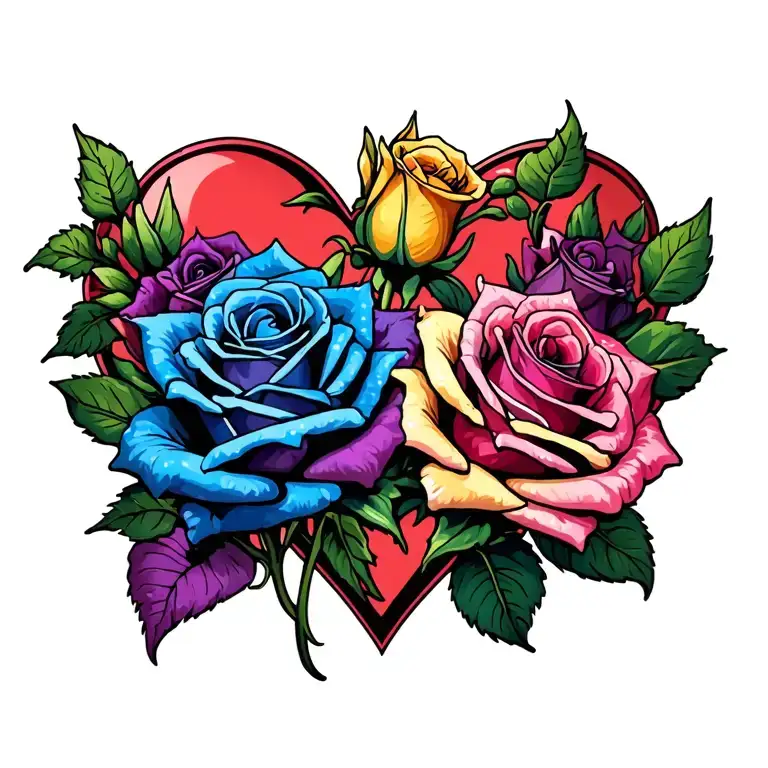 blue rose purple rose pink rose yellow rosebud surrounded by a heart tattoo design idea