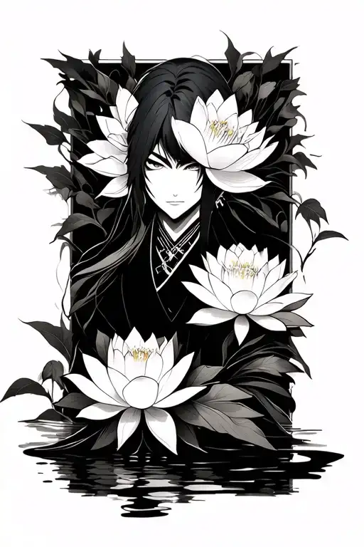 zoro roronoa, lotus and cherry blossom, japanese style tattoo design idea