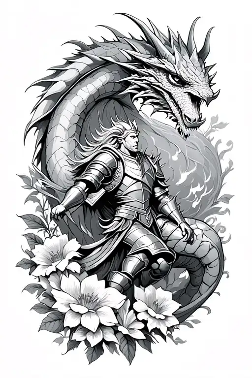 knight fighting a dragon surrounded by flowers  tattoo design idea