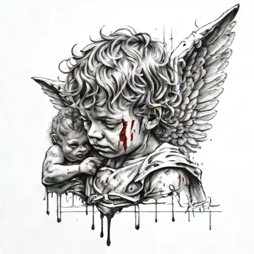 a child crying blood tears , with an angel on his left shoulder and a devil on his right shoulder  tattoo design idea
