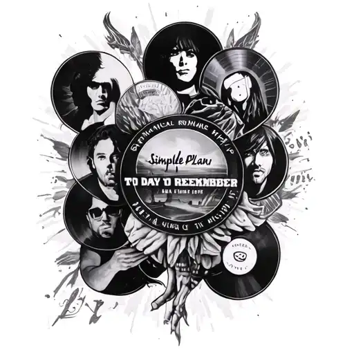 a sleeve tattoo, of album artworks interwoven consisting of My Chemical Romance, Simple Plan, A Day To Remember, Bring M tattoo design idea