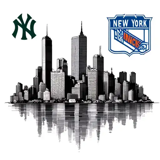 New York City skyline with the New York Yankees logo, Knicks logo, New York jets logo and New York rangers logo tattoo design idea