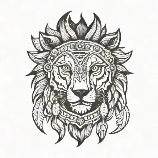 front view left half wolf side right half lion side face wearing indian cherokee head ornament  tattoo design idea